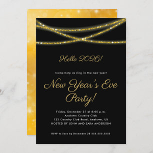 Gold Glitter on Black   New Year's Party Invitation