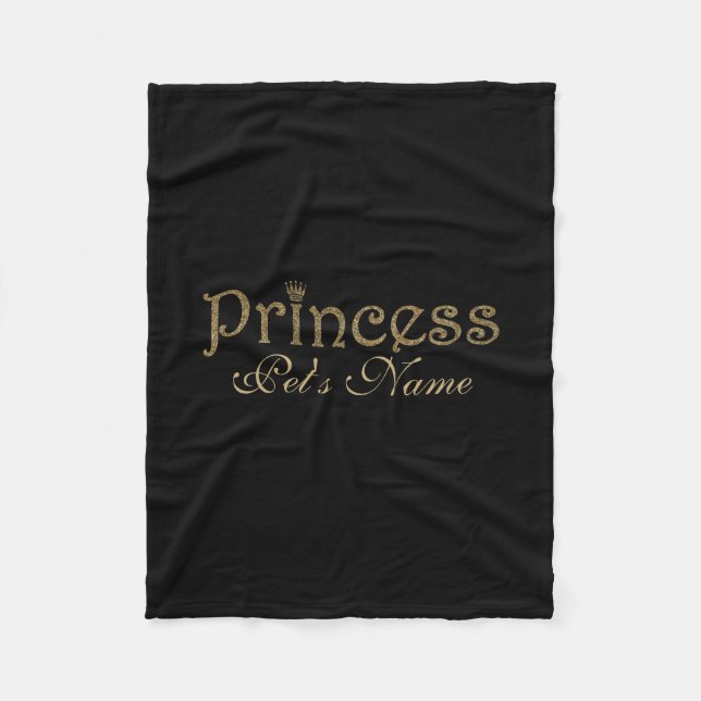 Gold Glitter on Black Personalised Princess Pet Fleece Blanket (Front)