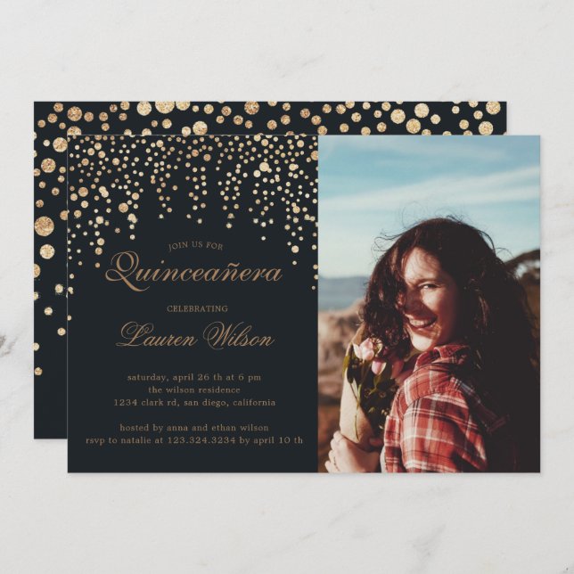 gold glitter on black Quinceanera Photo Invitation (Front/Back)