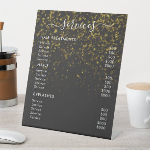Gold Glitter on Black Salon Services Price List Pedestal Sign