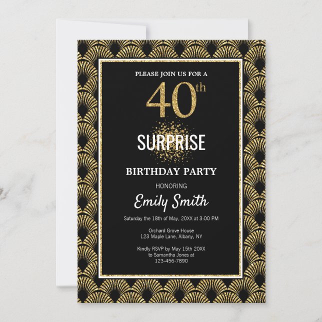 Gold Glitter on Black Surprise 40th Birthday Invitation (Front)