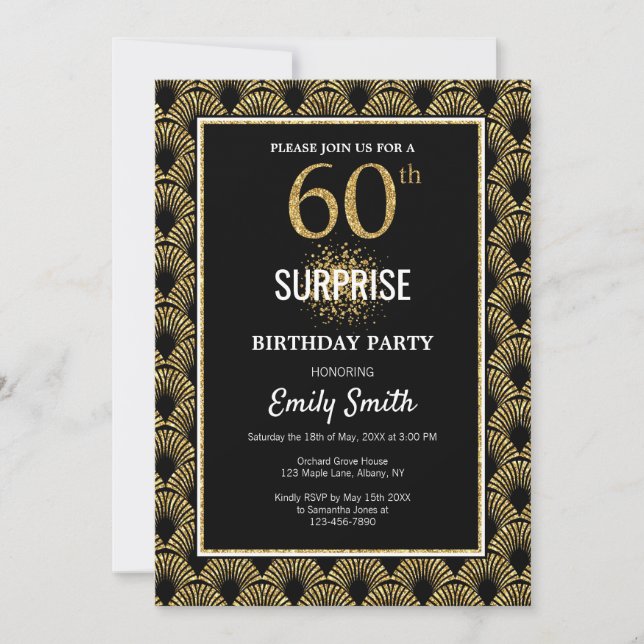 Gold Glitter on Black Surprise 60th Birthday Invitation (Front)