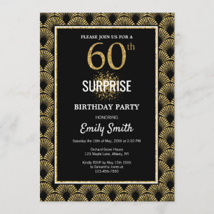 Gold Glitter on Black Surprise 60th Birthday Invitation