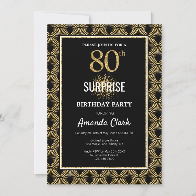 Gold Glitter on Black Surprise 80th Birthday Invitation (Front)