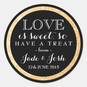 Gold Glitter on Black Wedding Favour Round Label