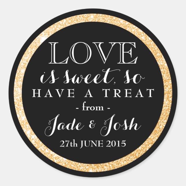 Gold Glitter on Black Wedding Favour Round Label (Front)