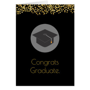 Gold Glitter on Black with Graduation Cap Congrats