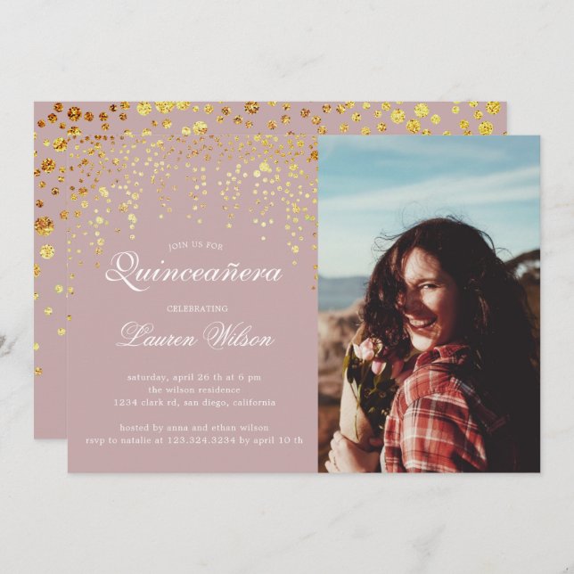 gold glitter on blush Quinceanera Photo Invitation (Front/Back)