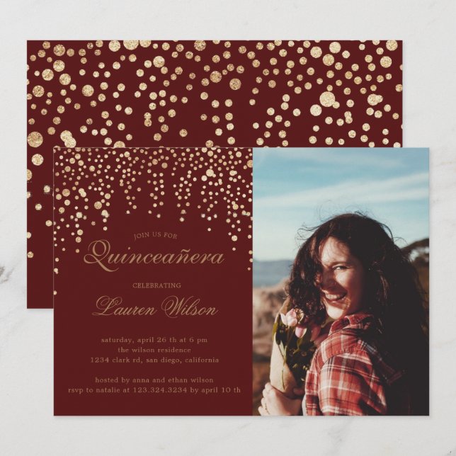gold glitter on burgundy Quinceanera Photo Invitation (Front/Back)