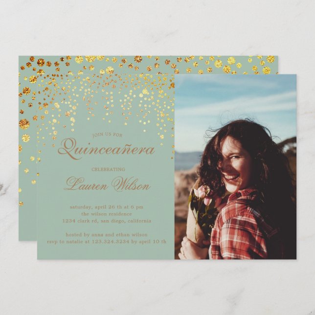 gold glitter on green Quinceanera Photo Invitation (Front/Back)
