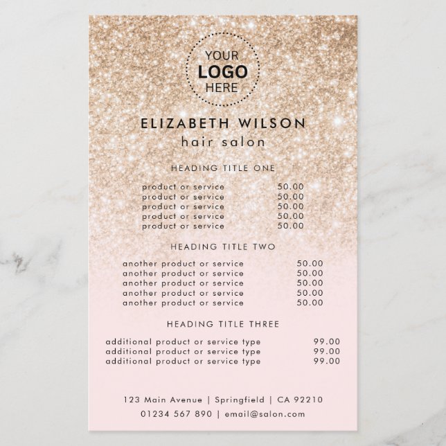 Gold Glitter on Pink | Simple Salon Service Menu (Front)