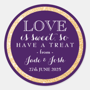 Gold Glitter on Plum Purple Wedding Favour Classic Round Sticker