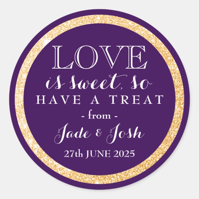 Gold Glitter on Plum Purple Wedding Favour Classic Round Sticker (Front)