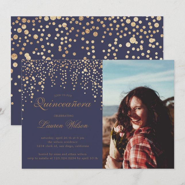 gold glitter on purple Quinceanera Photo Invitation (Front/Back)