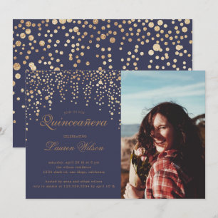gold glitter on purple Quinceanera Photo Invitation