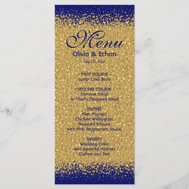 Gold Glitter on Royal Blue Wedding Menu (Front)