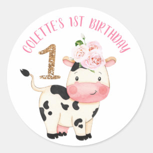 Gold Glitter One Cow  Moos First Birthday Classic Round Sticker