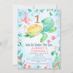 Gold Glitter One Sea Turtle Under Sea 1st Birthday Invitation