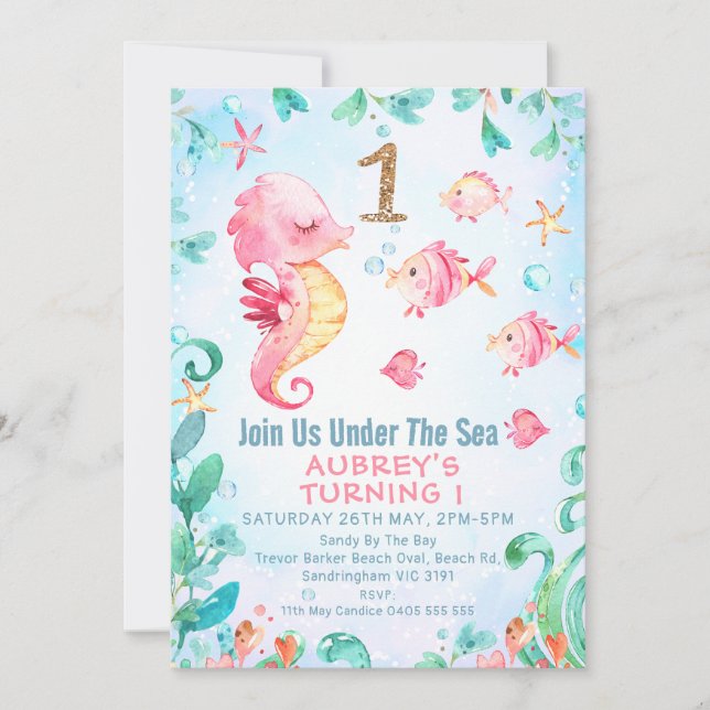 Gold Glitter One Seahorse Under Sea 1st Birthday Invitation (Front)