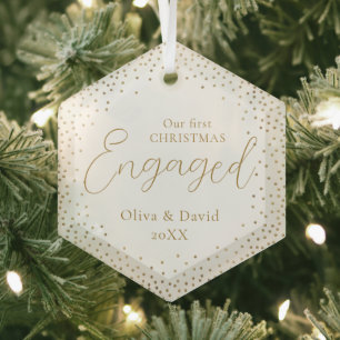 Gold Glitter Our First Christmas Engaged Script Glass Tree Decoration
