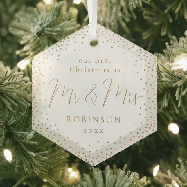 Gold Glitter Our First Christmas Mr & Mrs Script Glass Tree Decoration (Insitu)