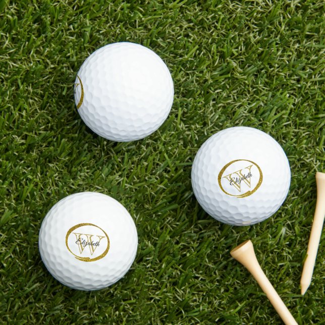 Gold Glitter Oval Initial Letter Monogram Name Golf Balls (Insitu Grass)