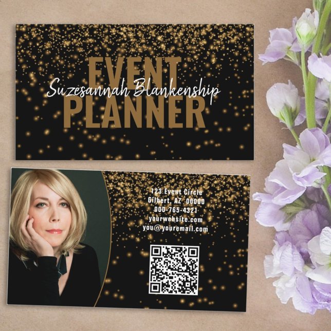 Gold Glitter Over Black Custom Photo QR Code Business Card (Creator Uploaded)