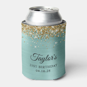 Gold Glitter Pale Turquoise Foil 21st Birthday Can Cooler