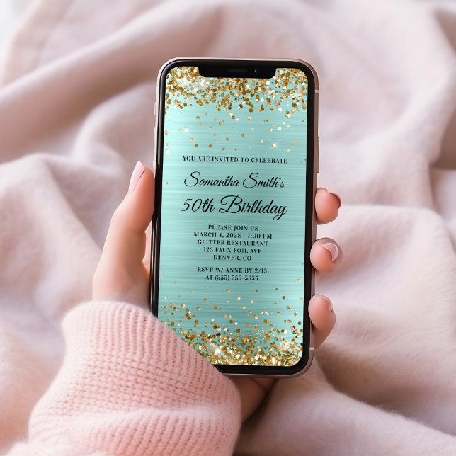 Gold Glitter Pale Turquoise Foil 50th Birthday Invitation (Gold Glitter Pale Turquoise Foil 50th Birthday Invitation)