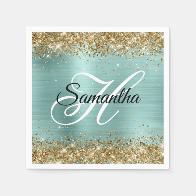 Gold Glitter Pale Turquoise Foil Monogram Napkin (Front)