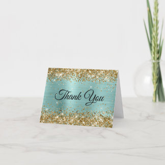 Gold Glitter Pale Turquoise Foil Thank You Card