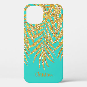 Gold Glitter Palm Frond Name Personalise Turquoise iPhone 12 Case
