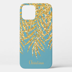 Gold Glitter Palm Fronds Name Personalised Blue iPhone 12 Case