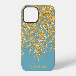 Gold Glitter Palm Fronds Name Personalised Blue iPhone 12 Case