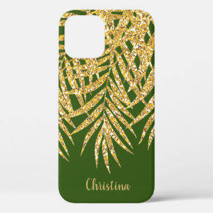 Gold Glitter Palm Fronds Name Personalised Green iPhone 12 Case