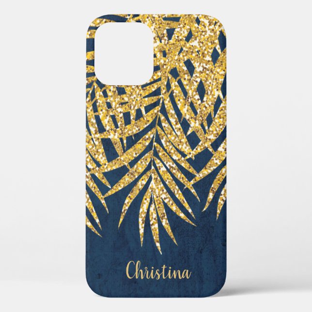 Gold Glitter Palm Fronds Name Personalised Navy Case-Mate iPhone Case (Back)