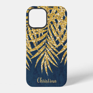 Gold Glitter Palm Fronds Name Personalised Navy iPhone 12 Case