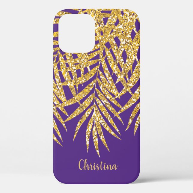 Gold Glitter Palm Fronds Name Personalised Purple Case-Mate iPhone Case (Back)