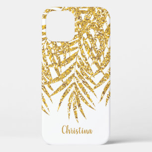 Gold Glitter Palm Fronds Name Personalised White iPhone 12 Case