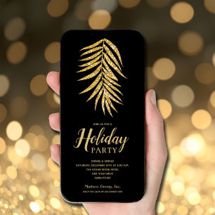 Gold Glitter Palm on Black Christmas Holiday Invitation