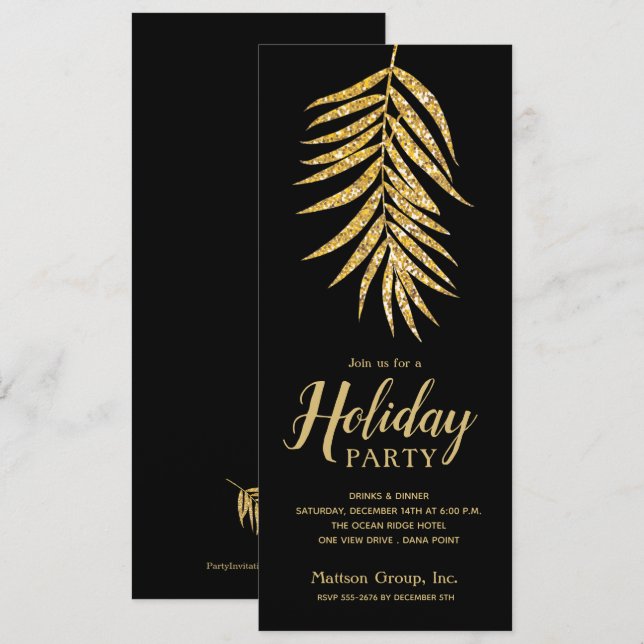 Gold Glitter Palm on Black Christmas Party Invites (Front/Back)