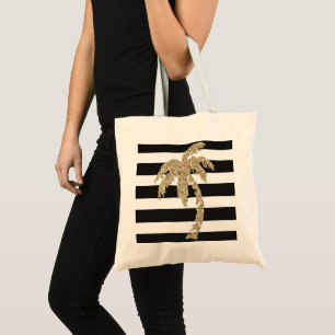 Gold Glitter Palm Tree Black White Stripe Tote Bag