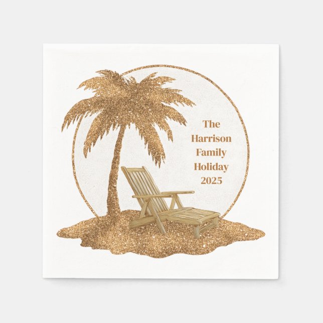 Gold Glitter Palm Tree with Custom Text Napkin (Front)