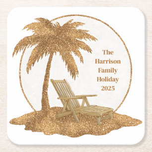 Gold Glitter Palm Tree with Custom Text Square Paper Coaster