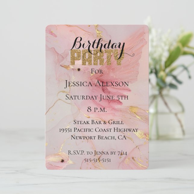 Gold Glitter Party Blush Pink Birds Birthday  Invitation (Standing Front)