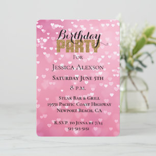 Gold Glitter Party Pink White Hearts Birthday  Invitation