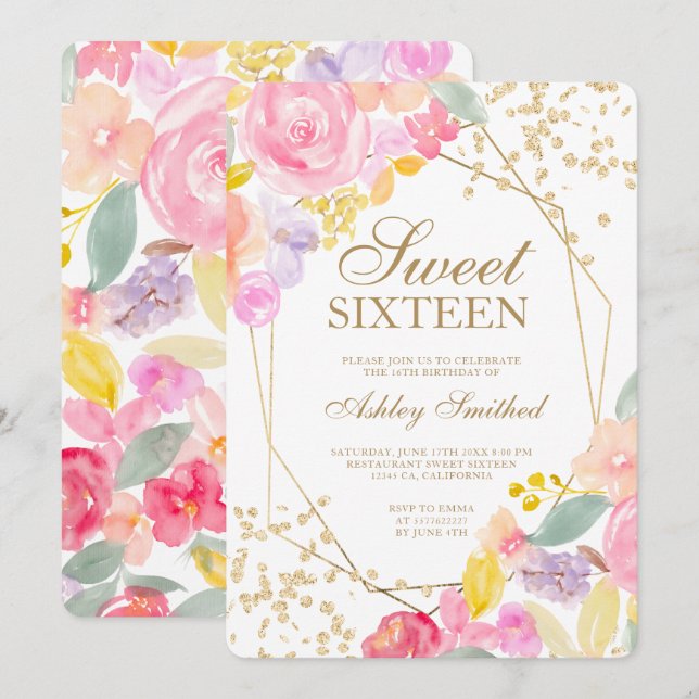 Gold glitter pastel floral watercolor Sweet 16 Invitation (Front/Back)