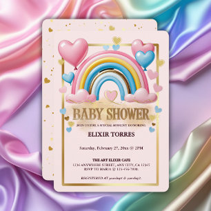 Gold Glitter Pastel Hearts and Rainbow Baby Shower Invitation