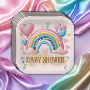 Gold Glitter Pastel Hearts and Rainbow Baby Shower Paper Plate