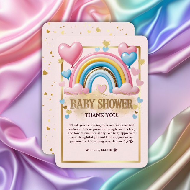 Gold Glitter Pastel Hearts and Rainbow Baby Shower Thank You Card (Creator Uploaded)